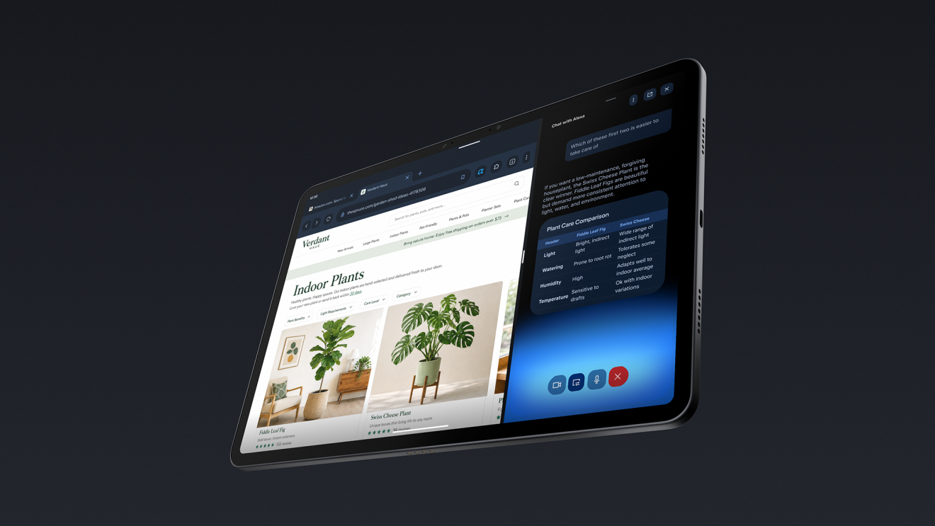 植物の通販画面とAlexa+の回答を並べたAmazon公式デモ画像