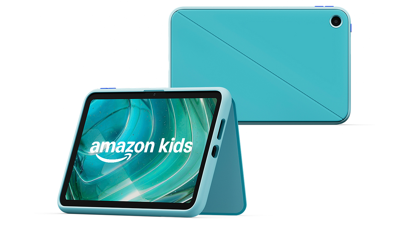 縦置きできるターコイズブルーのAmazon キッズ タブレットの前面と背面