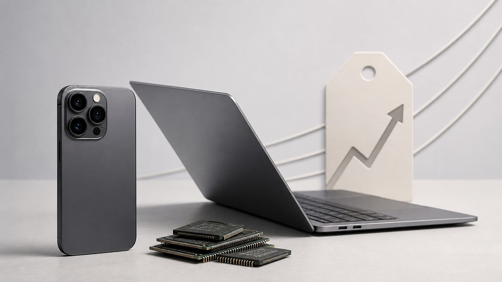 スマートフォン、ノートPC、メモリチップ、上向きの価格タグを並べたイメージ