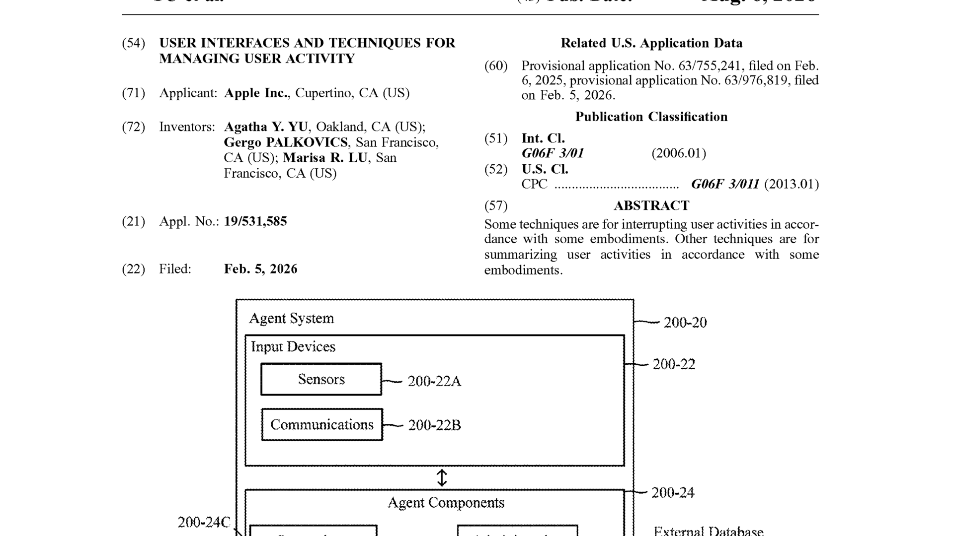 Appleの特許出願公開資料にある、入力、AIエージェント、画面や音声などの出力を結ぶ構成図