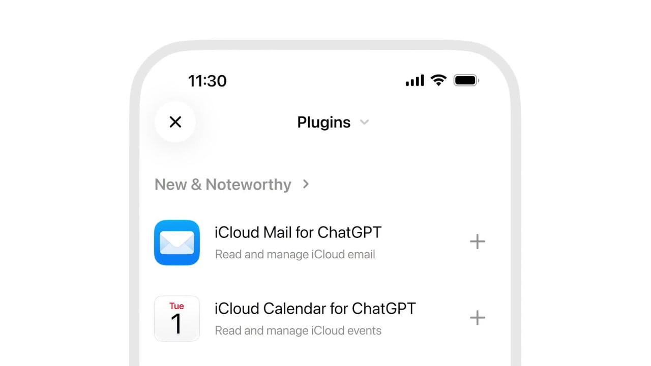 OpenAIが公開したiPhone版ChatGPTのプラグイン一覧。iCloud MailとiCloud Calendarが並ぶ