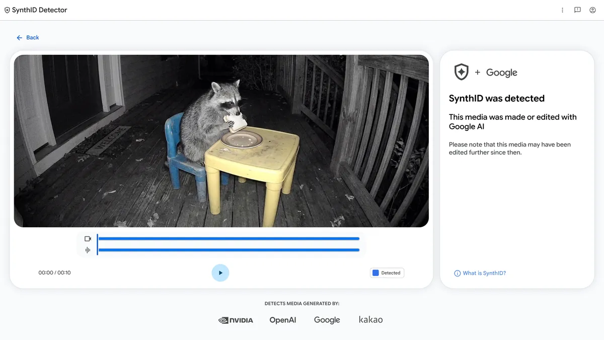 アライグマの動画でSynthIDを検出した結果と対応企業のロゴを表示するGoogle公式のDetector画面