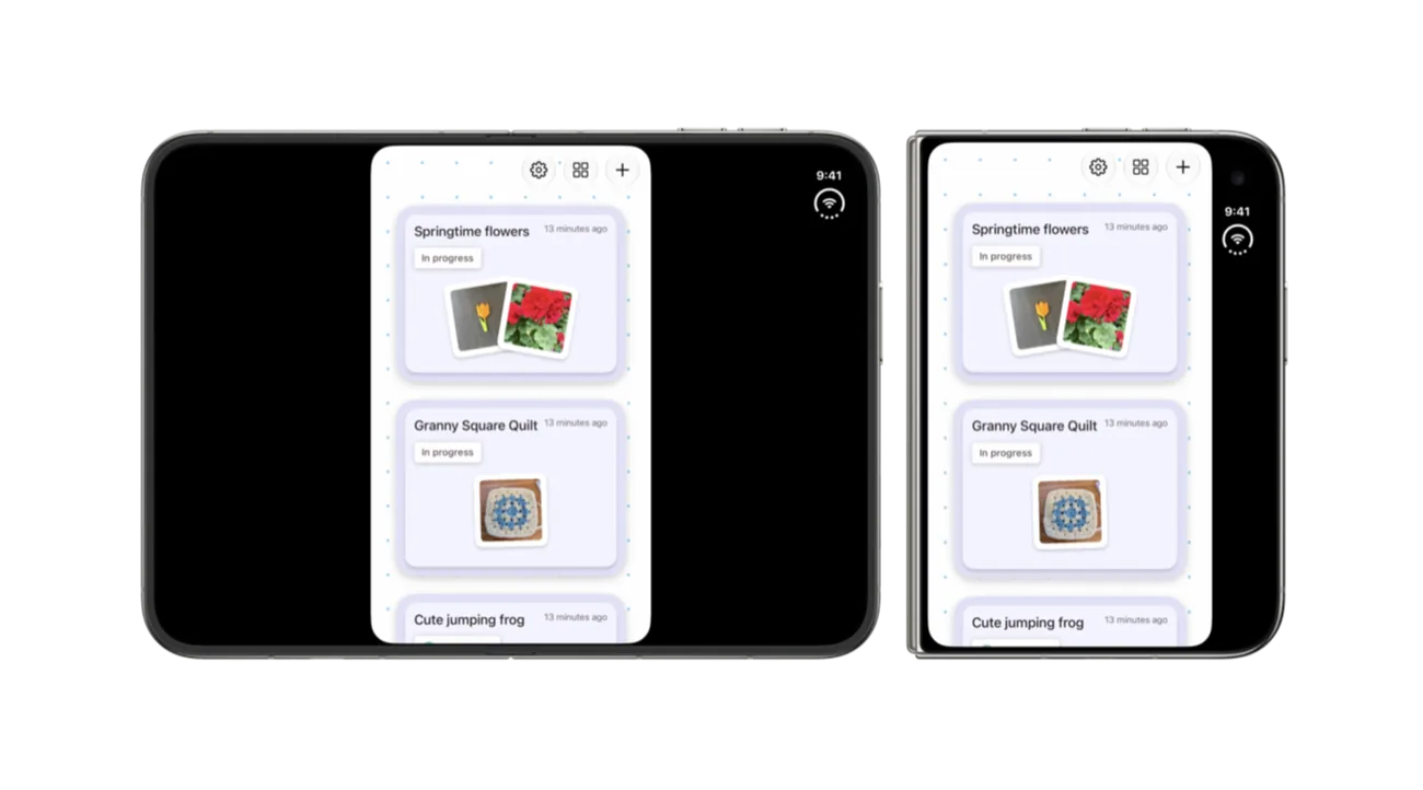 iPhone Duoの内側画面の中央に細いアプリ表示が残り、左右に黒い余白があるAppleの例