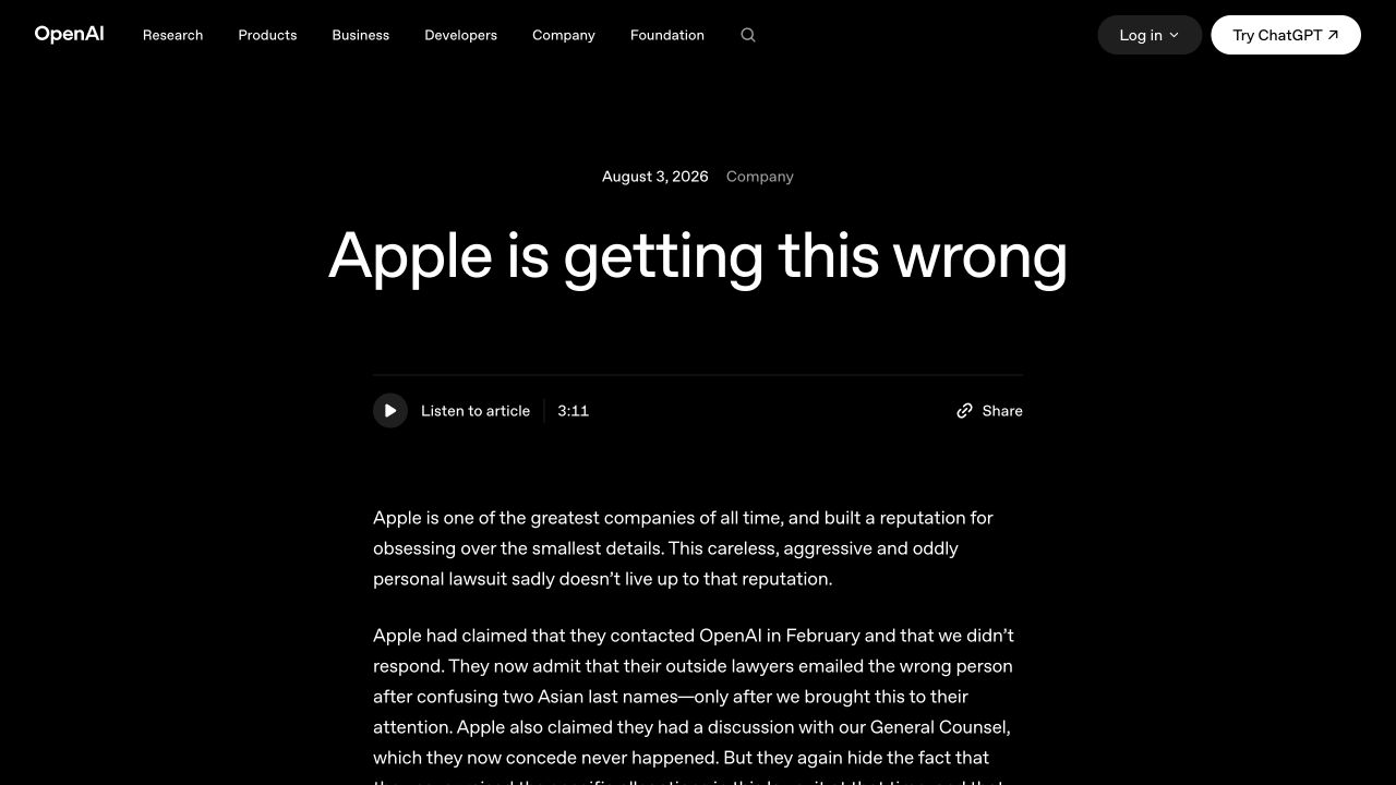 OpenAI公式記事「Apple is getting this wrong」の見出し画面