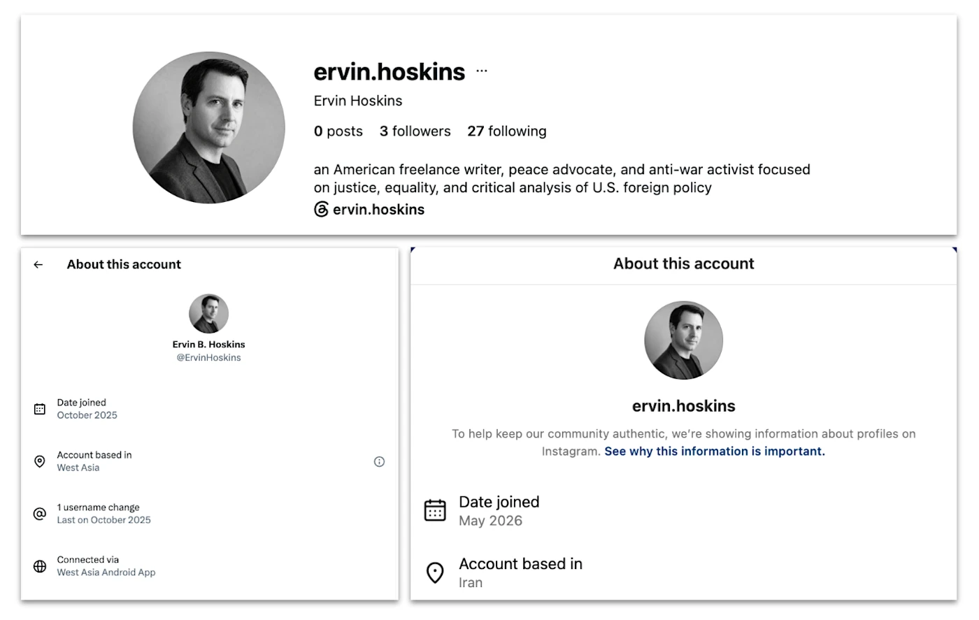 OpenAIの調査報告に掲載された偽記者名Ervin Hoskinsのプロフィールと、X・Instagramのアカウント情報