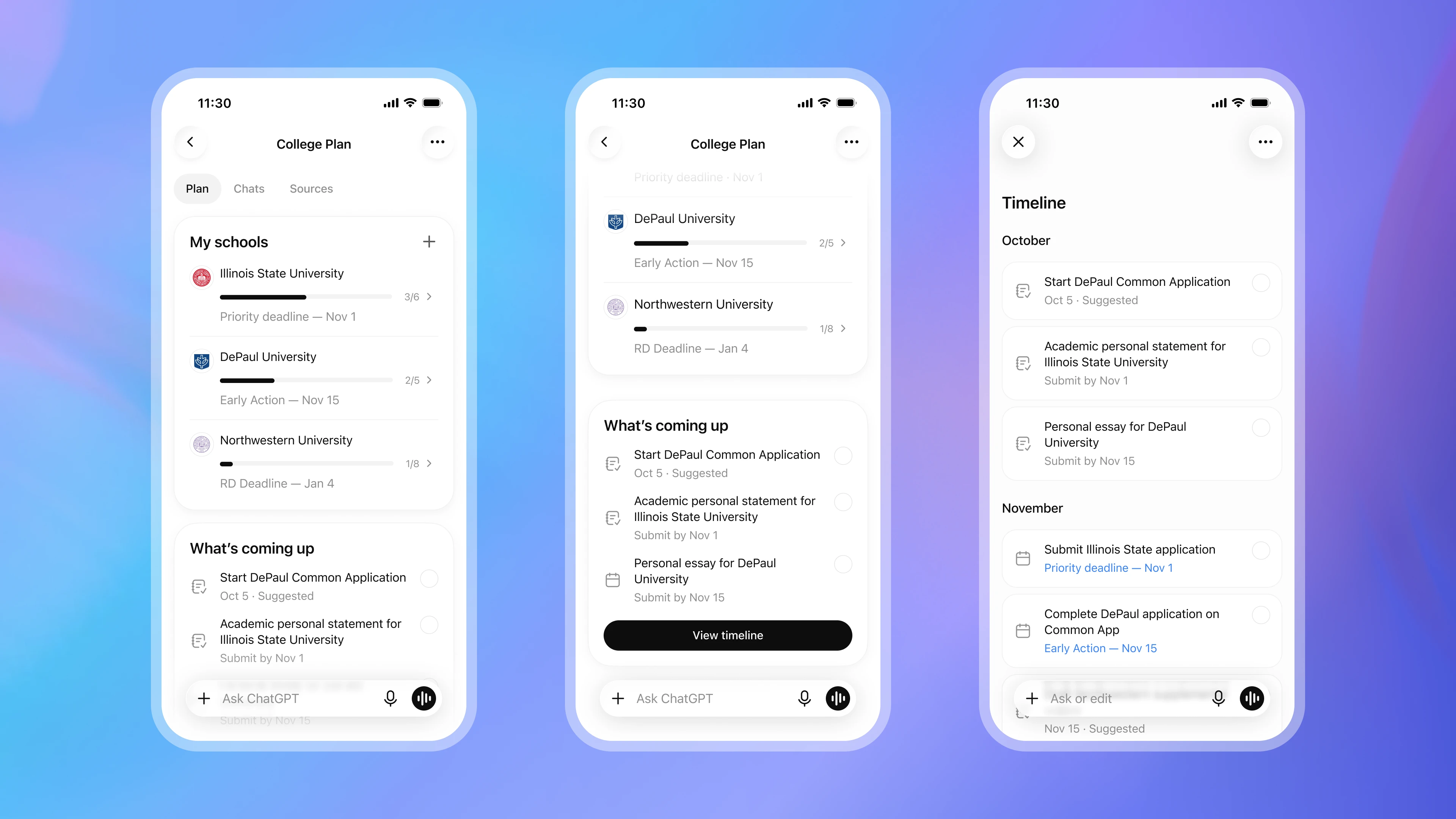 OpenAIが公開したCollege Plannerの計画画面。志望校一覧、出願の進捗、作業タイムラインをiPhone上に並べている